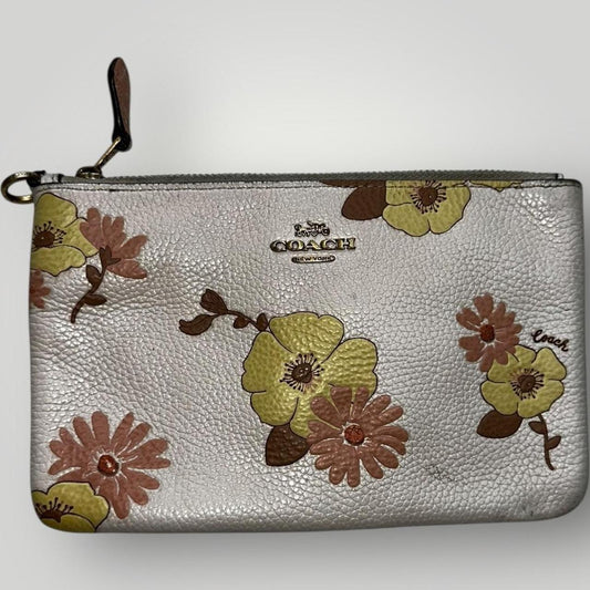 Coach Silver and Yellow Floral Print Zip Pouch